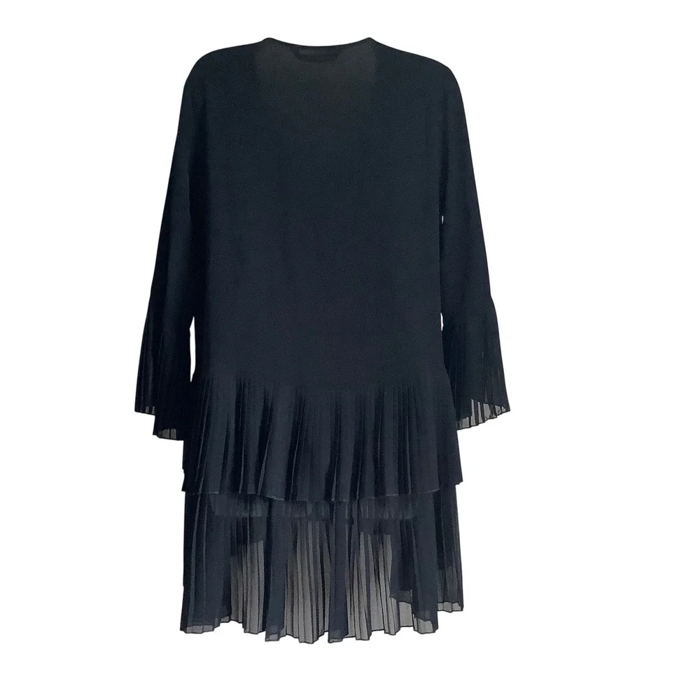 Zara Womens Black Tiered Pleated Mini Dress V-Neck Long Sleeve Size Large